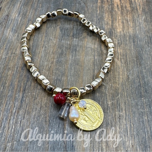 Saint Benedict gold carnelian gemstone beaded dainty bracelets - Picture 1 of 4